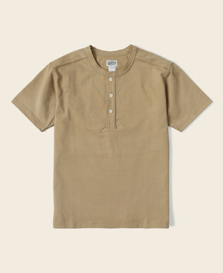 Khaki cotton henley T-shirt with short sleeves and button placket
