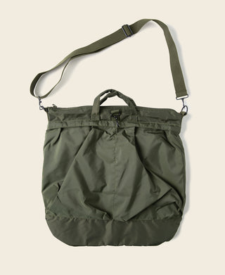 Olive nylon helmet bag with adjustable shoulder strap and top handle