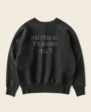 Vintage black raglan-sleeve sweater with “Physical Training” front graphic