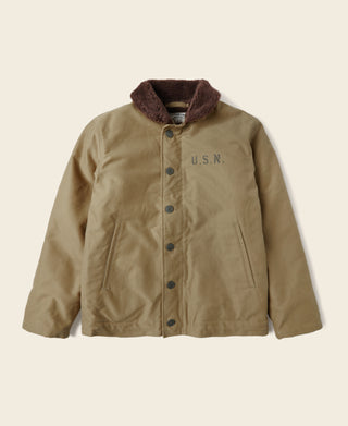 Khaki deck jacket with brown sherpa collar and snap front, U.S.N. chest print