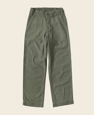 Olive utility fatigue pants, flat lay front view with drawstring waist and pockets