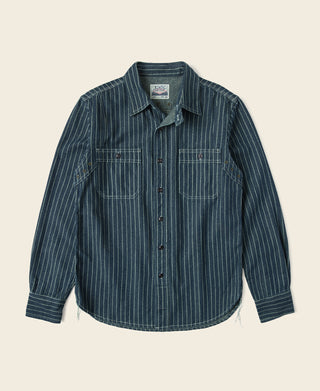 Indigo striped work shirt with button front and two chest pockets