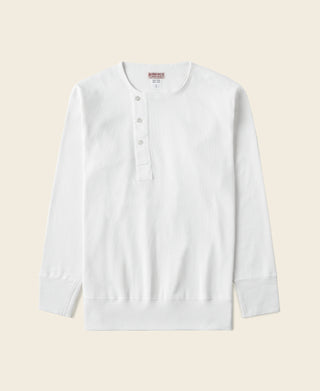 White long-sleeve henley shirt with front button placket and split neckline