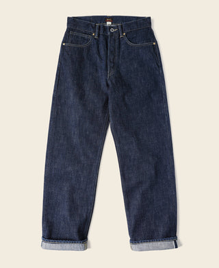 Indigo cowboy denim jeans with straight legs and zip fly, front view
