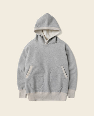 Gray pullover hoodie with attached hood and front kangaroo pocket