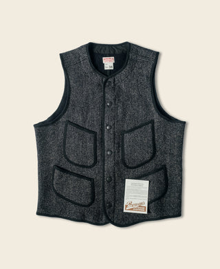 Dark salt-and-pepper wool vest with button front and flap pockets