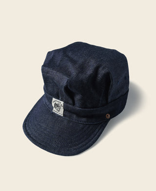Indigo denim engineer cap with front patch and curved brim