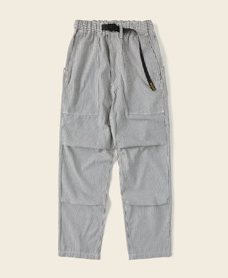 Loose striped cargo pants with elastic waist and drawstring, blue and white