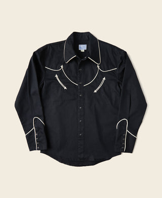 Black western shirt with white curved embroidery and arrow accents on front placket