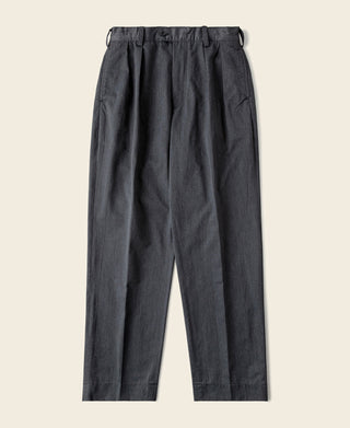 Dark gray pleated chino trousers with gathered waistband and belt loops