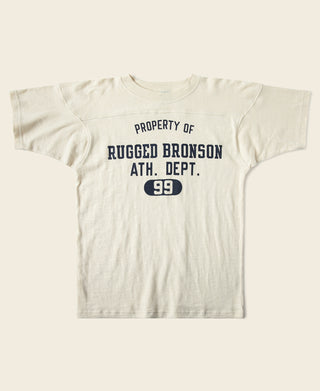 Cream drop-shoulder football T-shirt with navy front graphic and number 99