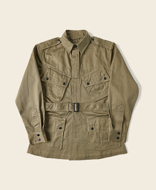 Khaki green paratrooper jacket with zip front and two chest flap pockets
