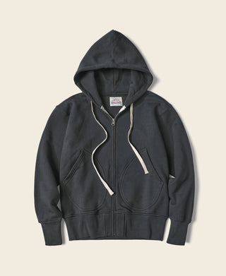 Black full-zip hoodie front view with drawstring hood and ribbed waistband