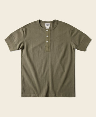 Olive vintage short-sleeve henley t-shirt with buttoned half-placket at crew neckline
