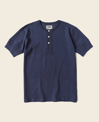Navy vintage henley t-shirt, front view with three-button placket
