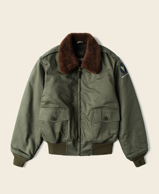 Olive flight jacket with brown shearling-style collar and front zip closure