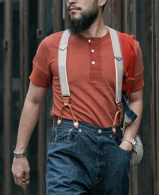Brick red henley T-shirt with henley neckline and three button front