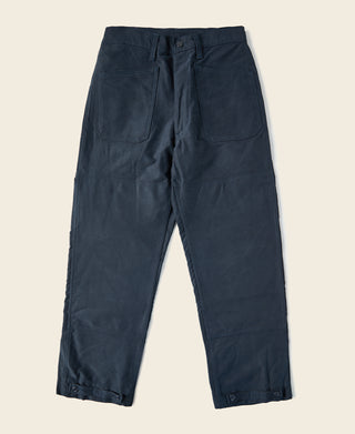 Navy deck pants with straight legs, drawstring waist, and front button closure.