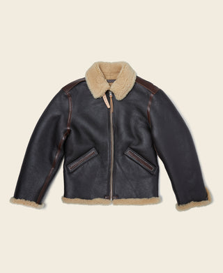 Dark brown leather flight jacket with tan shearling collar and cuffs, zip front