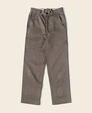 Brown salt-and-pepper stripe pleated pants with drawstring waistband and button closure