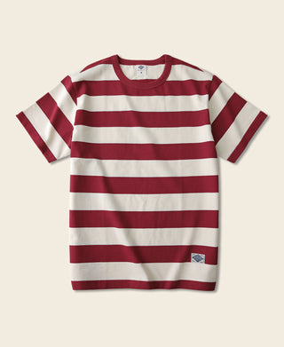 Red and white wide striped cotton T-shirt, crew neck, short sleeves (flat lay)