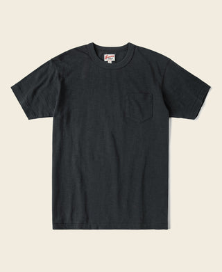 Black crew-neck pocket T-shirt in slub cotton, short sleeves