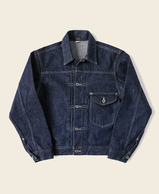 Indigo denim jacket with button front and flap chest pocket