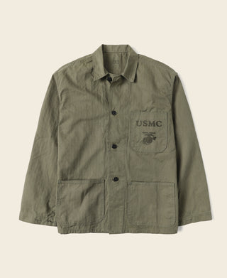 Olive utility jacket with button front and chest pocket, USMC patch detail