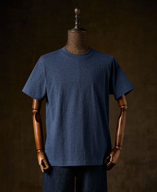 Denim blue cotton T-shirt on mannequin, relaxed fit with short sleeves