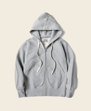Gray terry cloth full-zip hoodie with drawstring hood, front view, flat lay