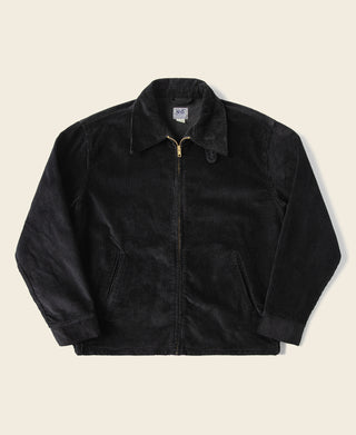 Black 9 wale cotton corduroy zip-up jacket with buttoned collar and front pockets