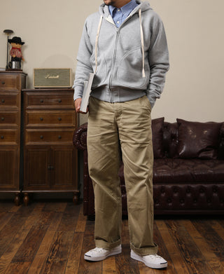 Gray terry cloth full-zip hoodie with drawstring hood and front zipper