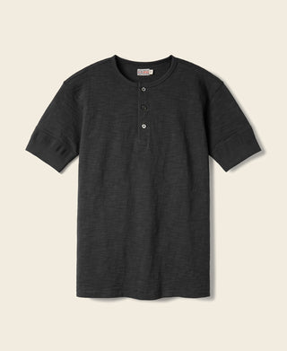 Loopwheel tubular henley T-shirt in black, short sleeves, buttoned placket