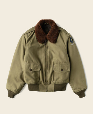 Khaki flight jacket with brown shearling collar and front zipper, two chest pockets.