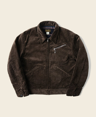 Brown corduroy cossack jacket with stand collar, front zipper, and chest zip pocket