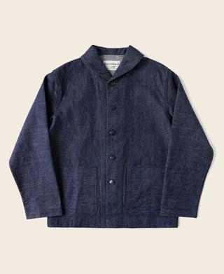 Indigo denim utility jacket with button front and chest pockets