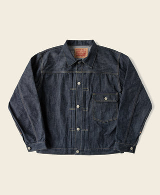 Indigo selvedge denim jacket with button front and chest flap pockets