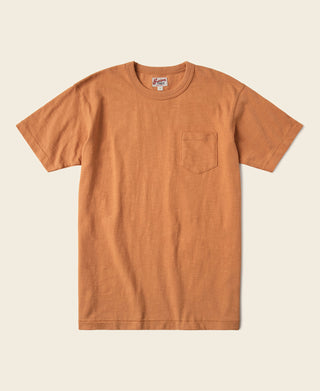 Orange slub cotton pocket T-shirt with crew neck and short sleeves