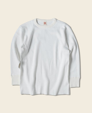 White heavyweight waffle cotton underwear top with crew neckline and long sleeves