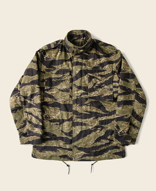 Tiger stripe camo M-65 field jacket with full zipper and drawstring hem
