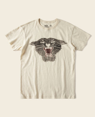 Cream short-sleeve T-shirt with distressed panther graphic on the chest