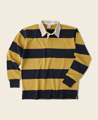 Striped jersey rugby shirt with yellow and navy horizontal bands, button placket, long sleeves