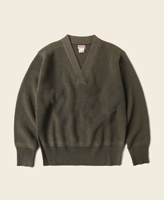 Olive V-neck knit sweater, ribbed cuffs and hem