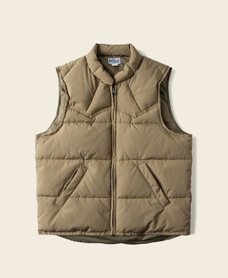 Khaki quilted padded vest with full front zipper and stand collar