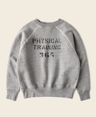 Gray raglan-sleeve crewneck sweater with 'Physical Training 365' graphic on front.