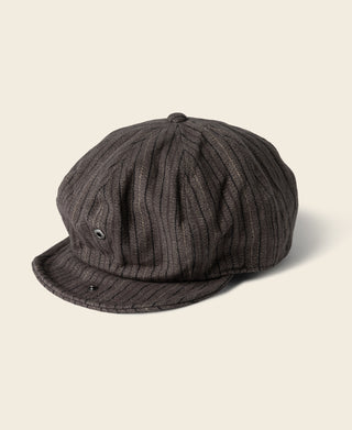 Dark gray yarn-dyed stripe newsboy cap with buttoned side panels and short brim