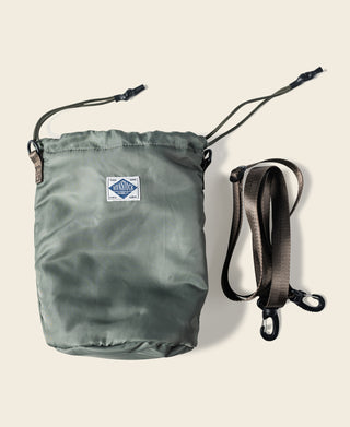 Olive nylon climbing chalk bag with drawstring closure and carry strap