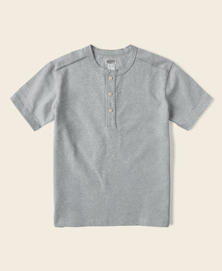 Gray cotton short-sleeve henley T-shirt with button placket and crew neck