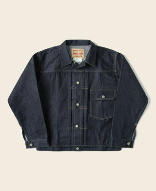 Indigo denim jacket front with two chest pockets and button closure