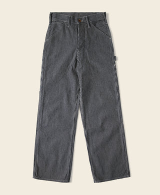 Striped carpenter pants with button fly and belt loops, straight-leg dark fabric.